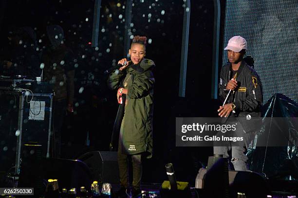 Emtee and Fifi Cooper perform during the 7th annual Maftown Heights 2016 concert at the Mary Fritzgerald Square on November 25, 2016 in Johannesburg,...