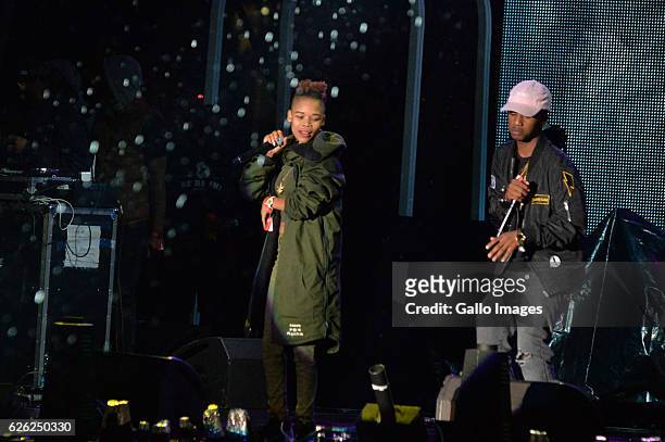 Emtee and Fifi Cooper perform during the 7th annual Maftown Heights 2016 concert at the Mary Fritzgerald Square on November 25, 2016 in Johannesburg,...