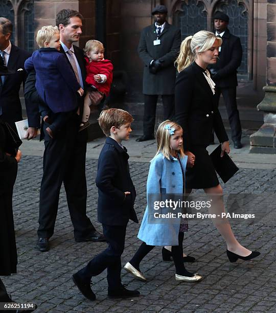 Dan Snow and wife Lady Edwina Grosvenor and their children arriving for a memorial service to celebrate the life of her father, the sixth Duke of...