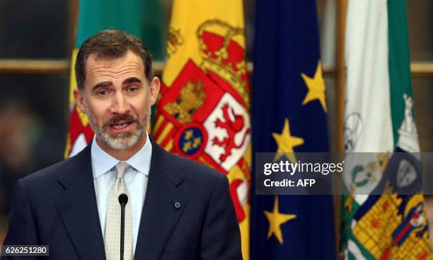 The King of Spain Felipe VI delivers a speech during the welcome reception given by the Portugal's President at the city hall in Porto, Portugal, on...