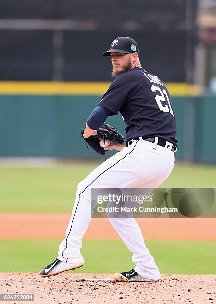 Mark Lowe of the Detroit Tigers pitches during the spring training game against the Toronto Blue Jays at Joker Marchant Stadium on March 29, 2016 in...