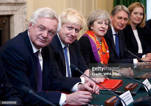 British Prime Minister Theresa May and David Davies Secretary of State for Exiting the European Union, Foreign Secretary Boris Johnson, May,...
