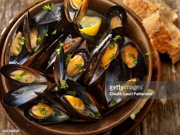 steamed mussels - mussels stockfoto's en -beelden