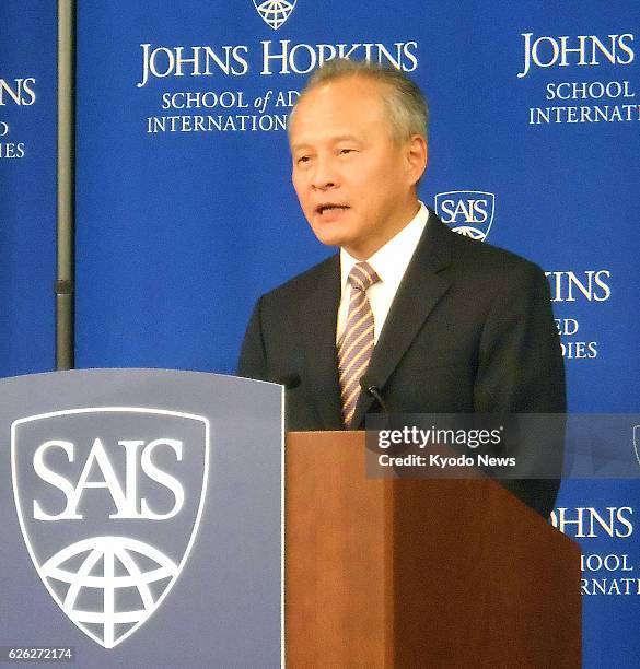 United States - Chinese Ambassador to the United States Cui Tiankai delivers a speech at the Johns Hopkins School of Advanced International Studies...