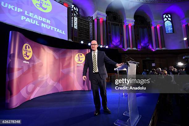 Paul Nuttall makes a speech after being named as the new leader of the U.K. Independence Party , on November 28, 2016 in London, England. The...