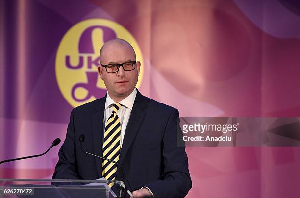 Paul Nuttall makes a speech after being named as the new leader of the U.K. Independence Party , on November 28, 2016 in London, England. The...