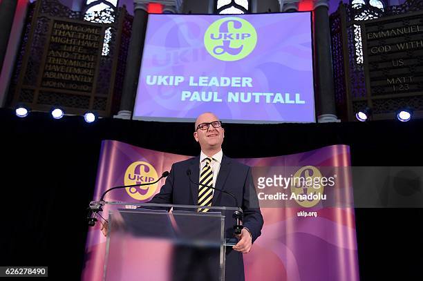 Paul Nuttall makes a speech after being named as the new leader of the U.K. Independence Party , on November 28, 2016 in London, England. The...