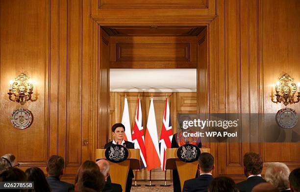 British Prime Minister Theresa May and Polish Prime Minister Beata Szydlo hold a joint press conference at 10 Downing Street on November 28, 2016 in...