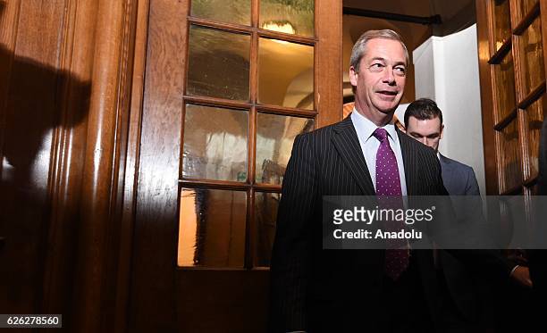 Former UKIP leader Nigel Farage arrives after Paul Nuttall has been named as the new party leader on November 28, 2016 in London, England. The...