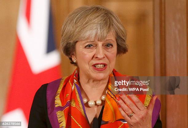 British Prime Minister Theresa May during a joint press conference with Polish Prime Minister Beata Szydlo at 10 Downing Street on November 28, 2016...