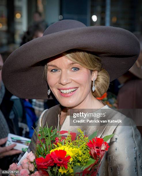 Queen Mathilde of Belgium meets with wellwishers during their visit to the Flemish culture house Bakke Grond on November 28 2016 in Amsterdam, The...