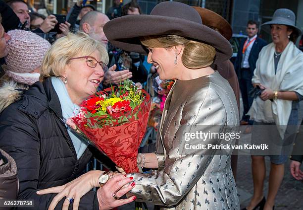 Queen Maxima of the Netherlands and Queen Mathilde of Belgium meet with wellwishers during their visit to the Flemish culture house Bakke Grond on...