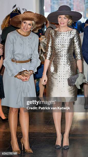 Queen Maxima of the Netherlands and Queen Mathilde of Belgium during their visit to the Flemish culture house Bakke Grond on November 28 2016 in...