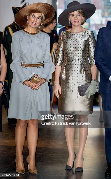 Queen Maxima of the Netherlands and Queen Mathilde of Belgium during their visit to the Flemish culture house Bakke Grond on November 28 2016 in...