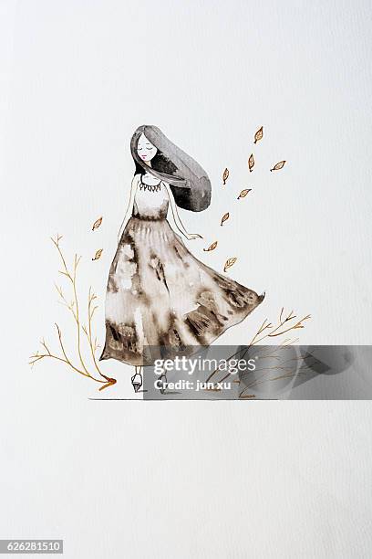 the wind blows the fallen leaves the autumn girl walks in the field - embracing stock illustrations