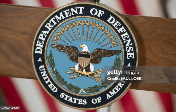 The seal of the US Department of Defense is seen at DAR Constitution Hall in Washington, DC, November 28, 2016.