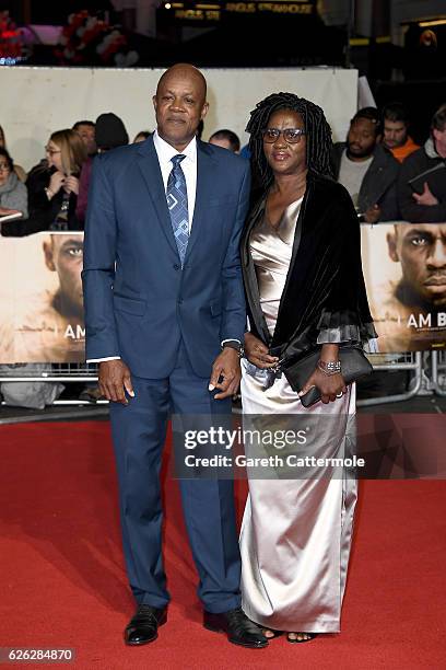 Usain Bolt's parents Jennifer and Wellesley Bolt attend the World Premiere of "I Am Bolt" at Odeon Leicester Square on November 28, 2016 in London,...