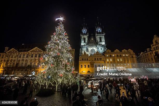 General view of the illuminated Old Town Square with the Christmas tree at the Christmas market on November 28, 2016 in Prague, Czech Republic....