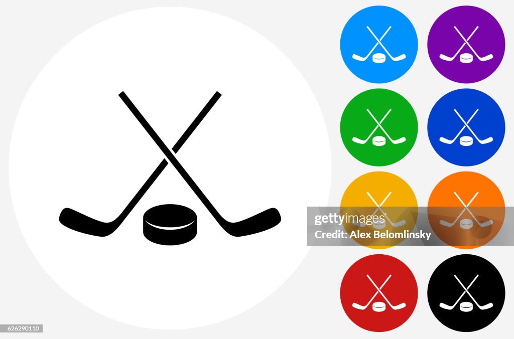 Hockey Stick and Puck Icon on Flat Color Circle Buttons