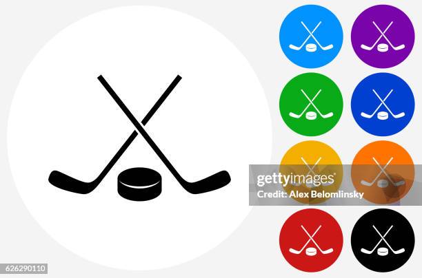 hockey stick and puck icon on flat color circle buttons - puck stock illustrations