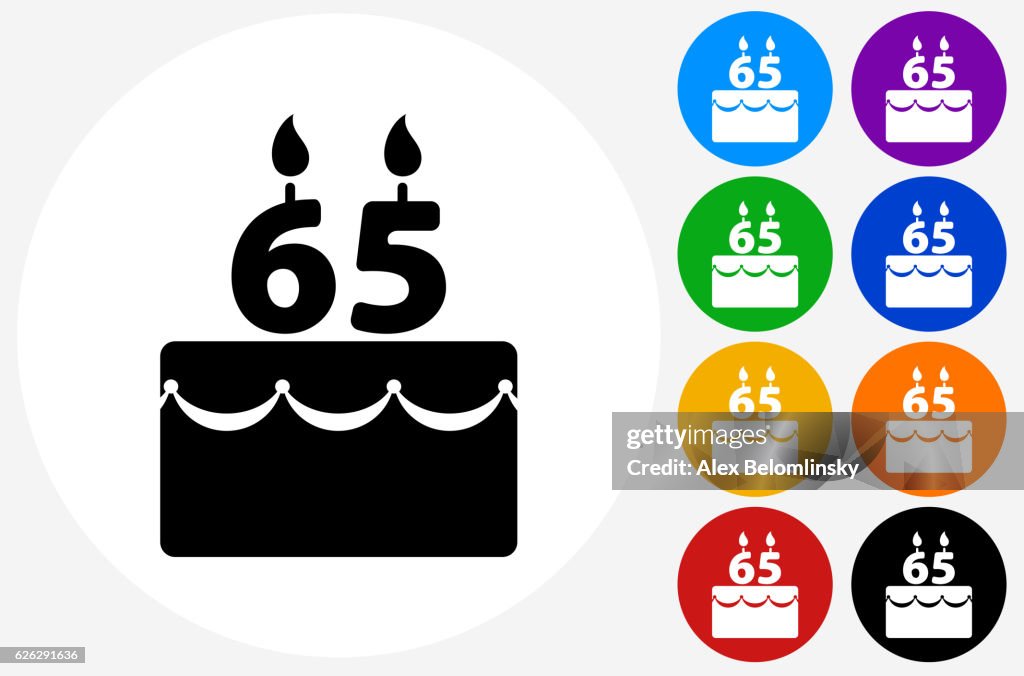 65 Jahre Geburtstag Kuchen Symbol auf flache Farbe Kreis Tasten