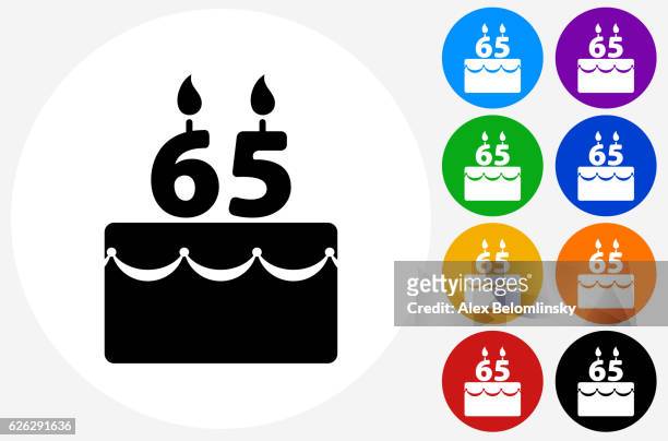 65 years birthday cake icon on flat color circle buttons - candle stock illustrations