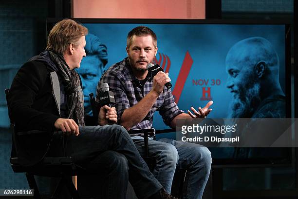 Linus Roache and Travis Fimmel attend the Build Series to discuss "Vikings" at AOL HQ on November 28, 2016 in New York City.