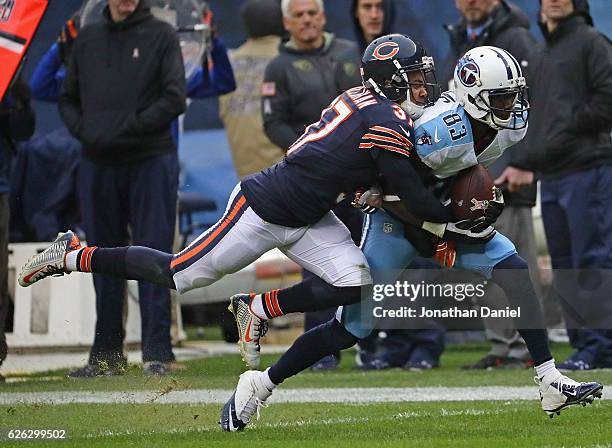 Harry Douglas of the Tennessee Titans Illinois State Redbirds tackled by Bryce Callahan of the Chicago Bears at Soldier Field on November 27, 2016 in...