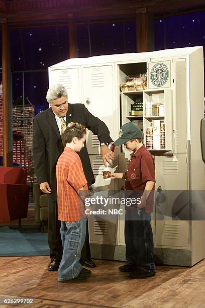 Episode 2549 -- Pictured: Host Jay Leno and participants during the "Back to School Products" segment on September 4, 2003 --