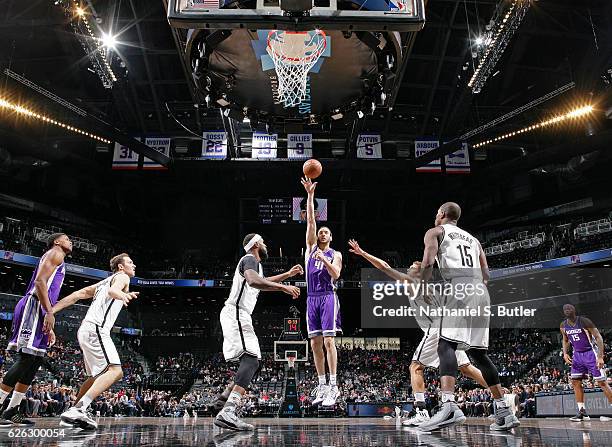 Kosta Koufos of the Sacramento Kings shoots the ball against the Brooklyn Nets on November 27, 2016 at Barclays Center in Brooklyn, NY. NOTE TO USER:...