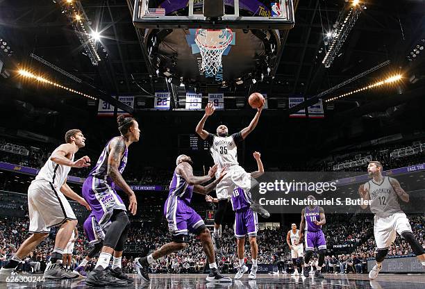 Trevor Booker of the Brooklyn Nets drives to the basket during a game against the Sacramento Kings on November 27, 2016 at Barclays Center in...