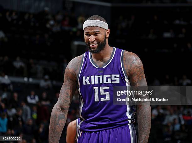 Close up shot of DeMarcus Cousins of the Sacramento Kings smiling during the game against the Brooklyn Nets on November 27, 2016 at Barclays Center...