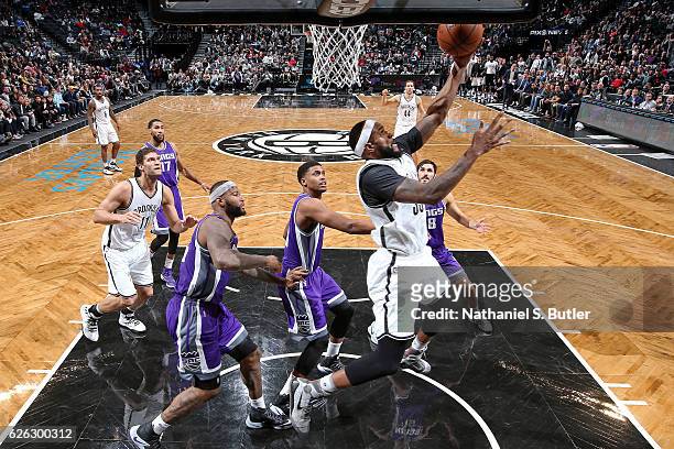 Trevor Booker of the Brooklyn Nets drives to the basket during a game against the Sacramento Kings on November 27, 2016 at Barclays Center in...
