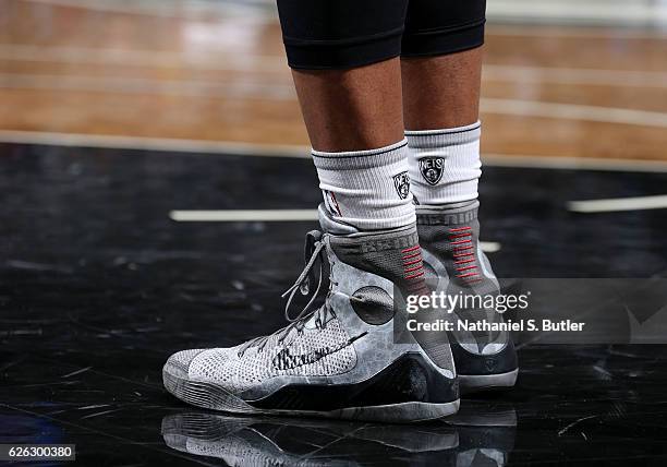 The shoes of Trevor Booker of the Brooklyn Nets during a game against the Sacramento Kings on November 27, 2016 at Barclays Center in Brooklyn, NY....