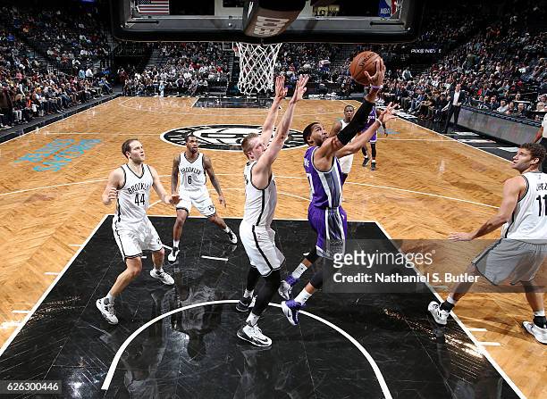 Garrett Temple of the Sacramento Kings drives to the basket against the Brooklyn Nets on November 27, 2016 at Barclays Center in Brooklyn, NY. NOTE...
