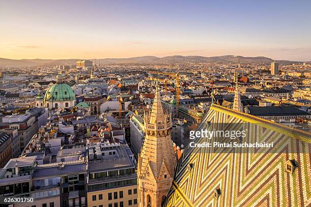 vienna city view at twilight from st stephen's cathedral - vienna stock pictures, royalty-free photos & images
