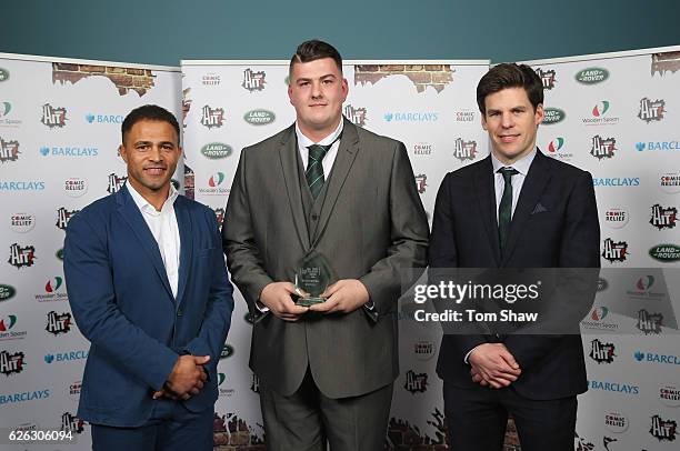 Ryan Driver of Leicester Tigers poses with the HITZ Best Rugby Performer Sopprted by Land Rover with Jason Robinson Land Rover Ambassador and Richard...