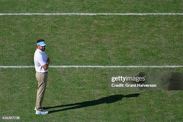 Head coach Larry Fedora of the North Carolina Tar Heels watches his team during their game against the North Carolina State Wolfpack at Kenan Stadium...