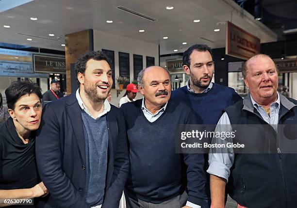 From left, Barbara Lynch, Nicol Farinetti, Oscar Farinetti, Alex and Saper and Mario Batali stand together at the pre-opening press preview at Eataly...