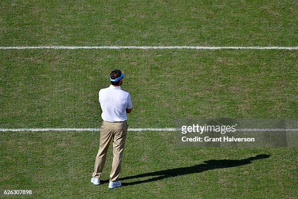 Head coach Larry Fedora of the North Carolina Tar Heels watches his team during their game against the North Carolina State Wolfpack at Kenan Stadium...