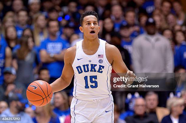 Frank Jackson of the Duke Blue Devils moves the ball against the William & Mary Tribe during the game at Cameron Indoor Stadium on November 23, 2016...