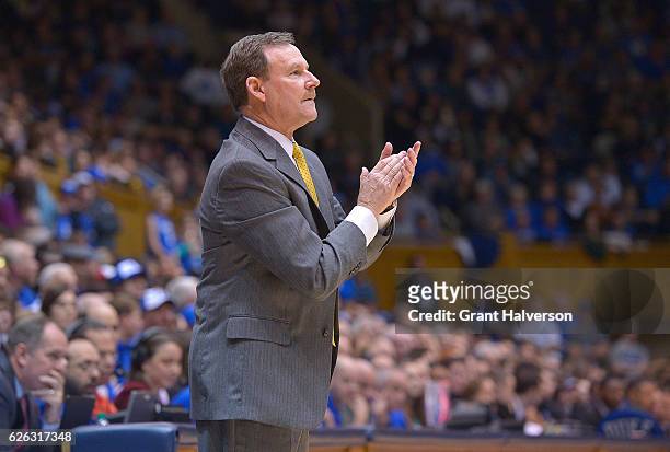 Head coach Tony Shaver of the William & Mary Tribe directs his team against the Duke Blue Devils during the game at Cameron Indoor Stadium on...