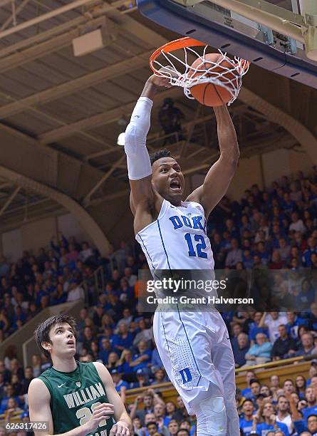 Javin DeLaurier of the Duke Blue Devils dunks against the William & Mary Tribe during the game at Cameron Indoor Stadium on November 23, 2016 in...