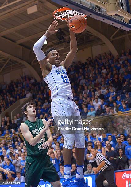 Javin DeLaurier of the Duke Blue Devils dunks against the William & Mary Tribe during the game at Cameron Indoor Stadium on November 23, 2016 in...