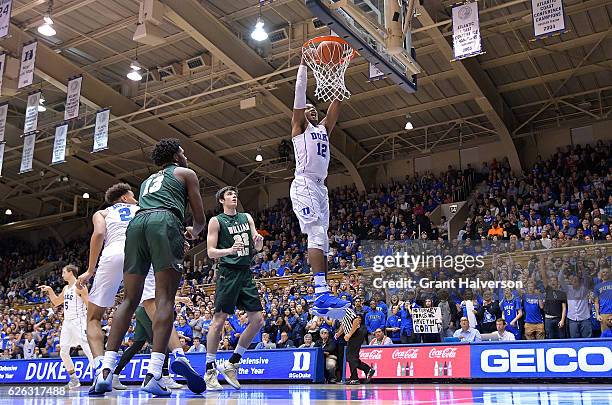 Javin DeLaurier of the Duke Blue Devils dunks against the William & Mary Tribe during the game at Cameron Indoor Stadium on November 23, 2016 in...