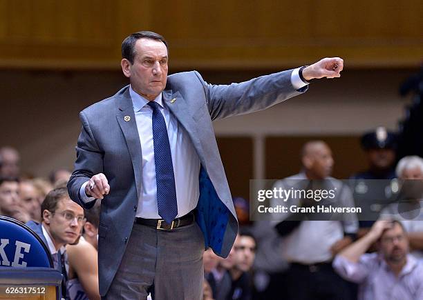 Head coach Mike Krzyzewski of the Duke Blue Devils watches his team play during the game against the William & Mary Tribe at Cameron Indoor Stadium...