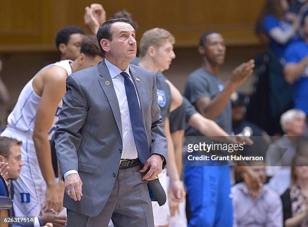 Head coach Mike Krzyzewski of the Duke Blue Devils watches his team play during the game against the William & Mary Tribe at Cameron Indoor Stadium...