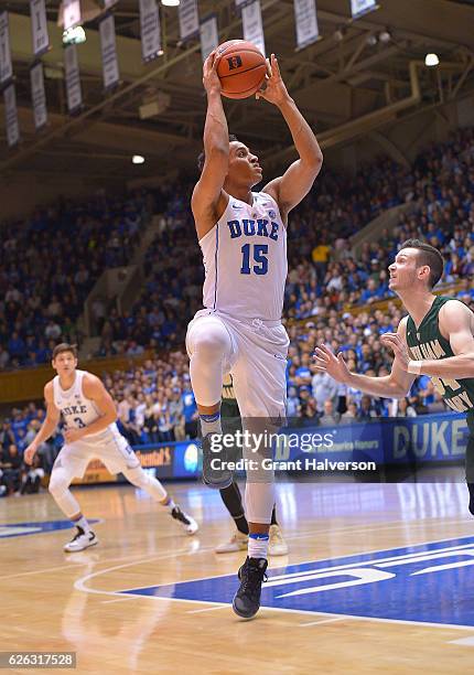 Frank Jackson of the Duke Blue Devils shoots against the William & Mary Tribe during the game at Cameron Indoor Stadium on November 23, 2016 in...