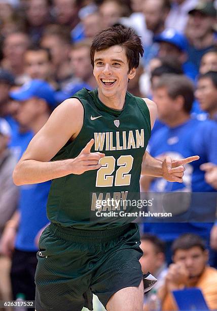 Paul Rowley of the William & Mary Tribe reacts after making a three-ppoint shot against the Duke Blue Devils during the game at Cameron Indoor...