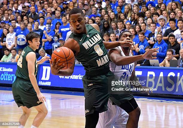 Daniel Dixon of the William & Mary Tribe rebounds against the Duke Blue Devils during the game at Cameron Indoor Stadium on November 23, 2016 in...